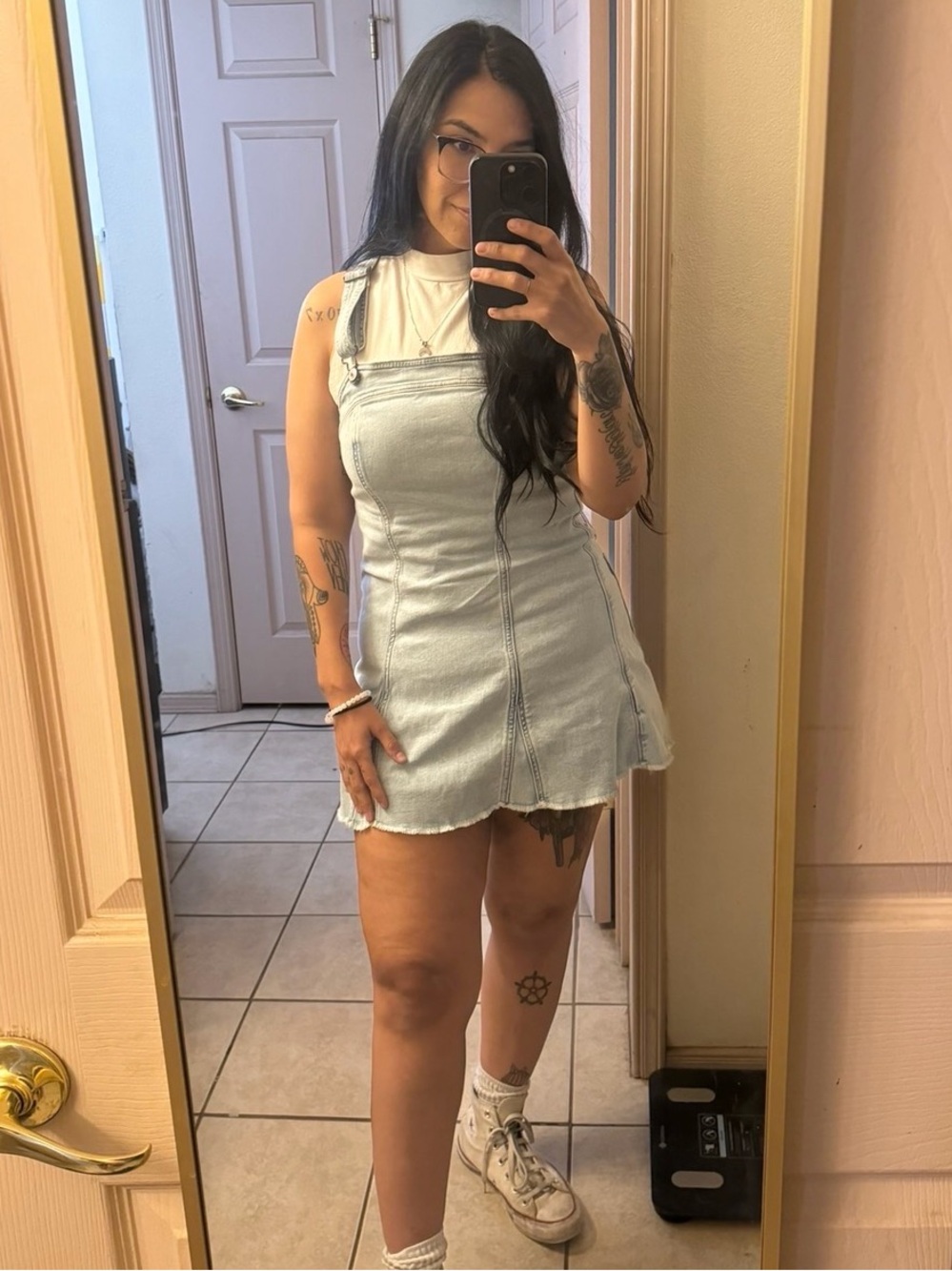 American Eagle Light Wash Denim Overall Mini Dress
